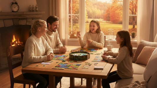 Familie spiller strategi-brettspillet Mycelia en høstdag med fyr i peisen.