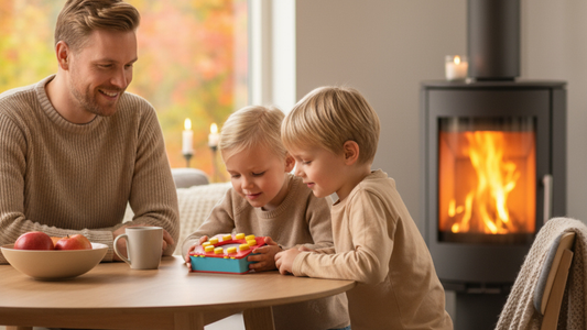 Far spiller Smart 10 Familie quizspill med sine barn på 5 og 8 år, som studerer brettspill-boksen.