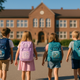 Norske skolebarn med skolesekker går mot skolen på første skoledag i august under klar himmel