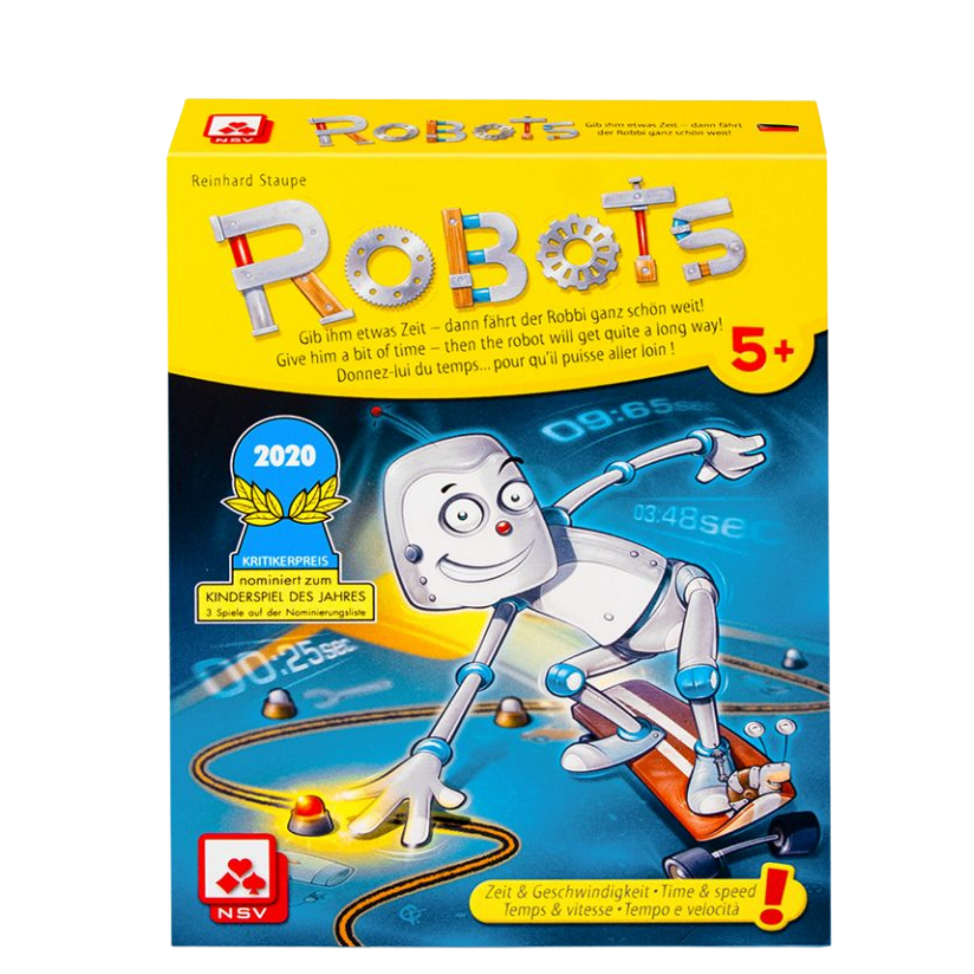 Robots spilleske i gult og blått med motiv av robot på skateboard