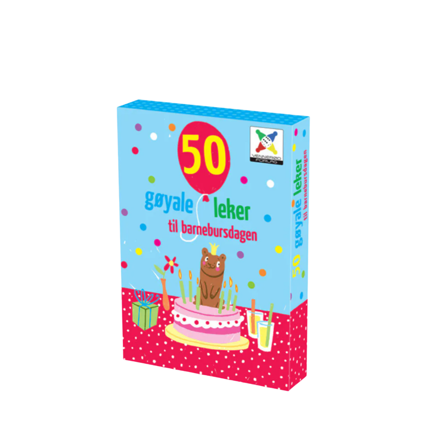 50 gøyale leker til barnesbursdagen eske med kort og motiv av en bamse som hopper ut av en kake