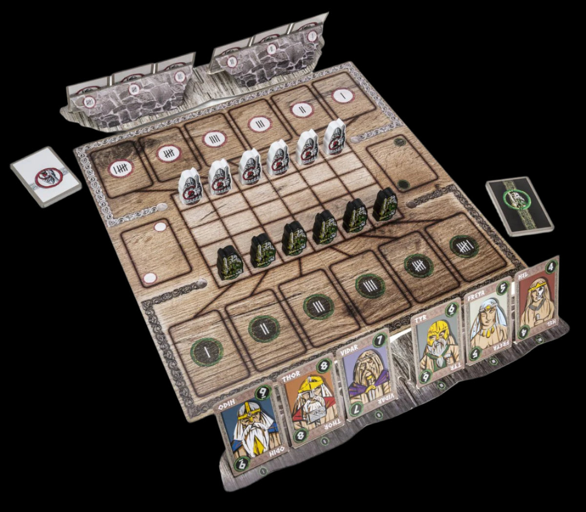 Vikings Tales Odins Table spillkomponenter med detaljert spillebrett, vikingfigurer og kort