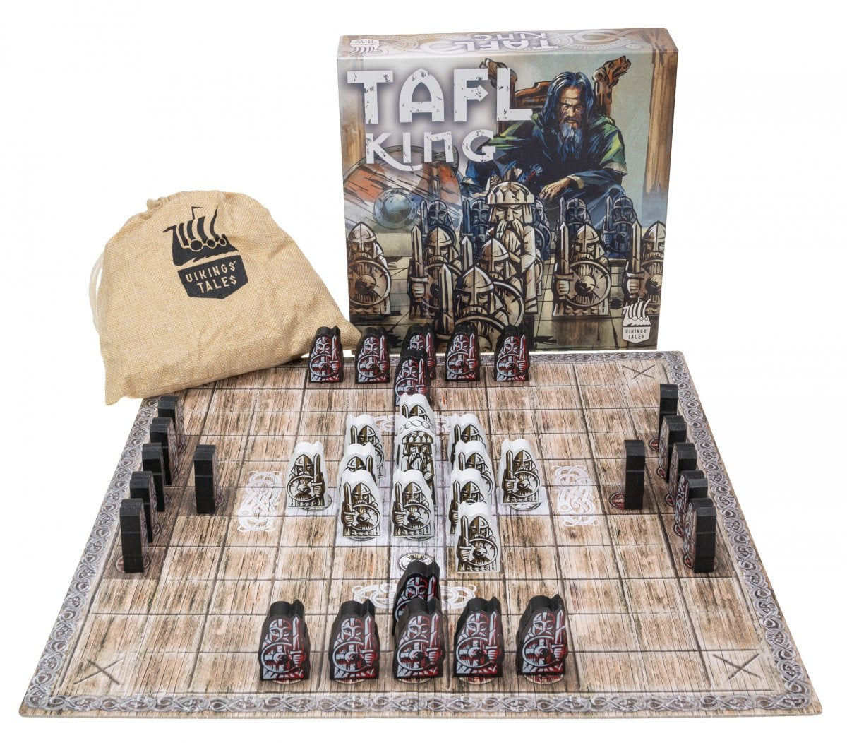 Vikings Tales Tafl King brettspill eske med spillebrett, vikingbrikker, pose og spillmateriell spredt ut