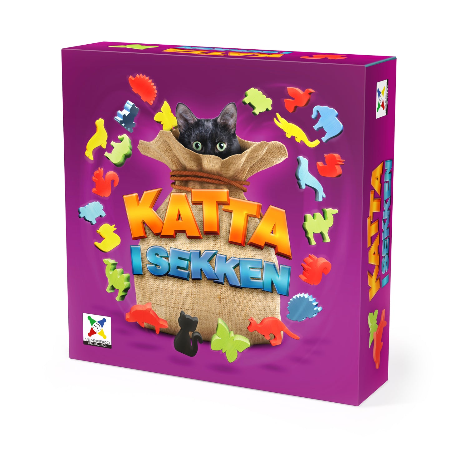 Katta i sekken spilleske lilla med motiv av katt som stikker hodet opp av en sekk omgitt av spillfigurer