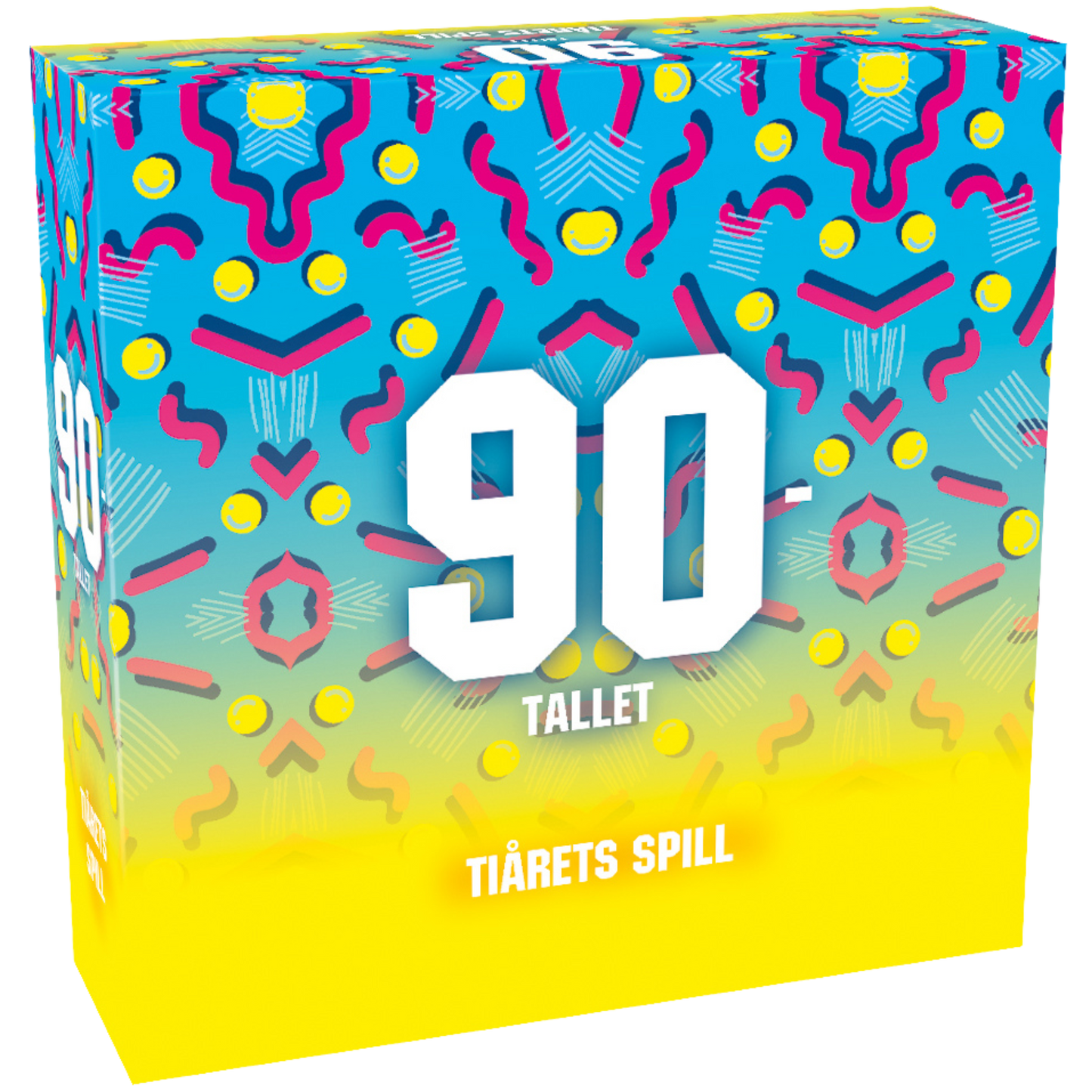 90-tallet tiårets spill eske i gul og blått med retro mønster i rosa