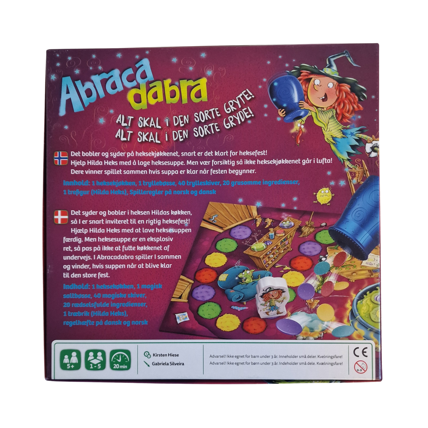 Abracadabra magispill eske bakside med spillinformasjon og instruksjoner