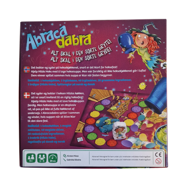 Abracadabra magispill eske bakside med spillinformasjon og instruksjoner