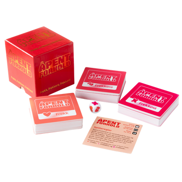 Åpent Forhold samtalekort sett med rød boks, tre kortstokker, terning og spilleregler