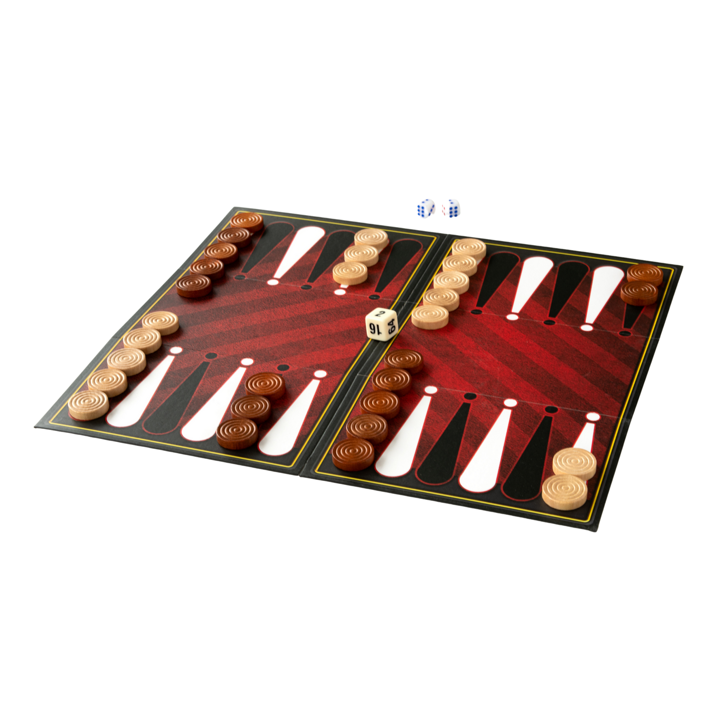 Reisespill backgammon innhold rødt spillbrett med svarte og hvite felter, brikker og terning