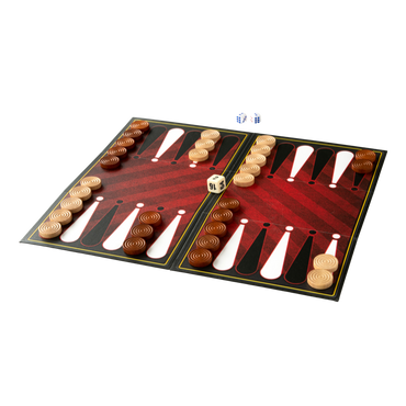 Reisespill backgammon innhold rødt spillbrett med svarte og hvite felter, brikker og terning