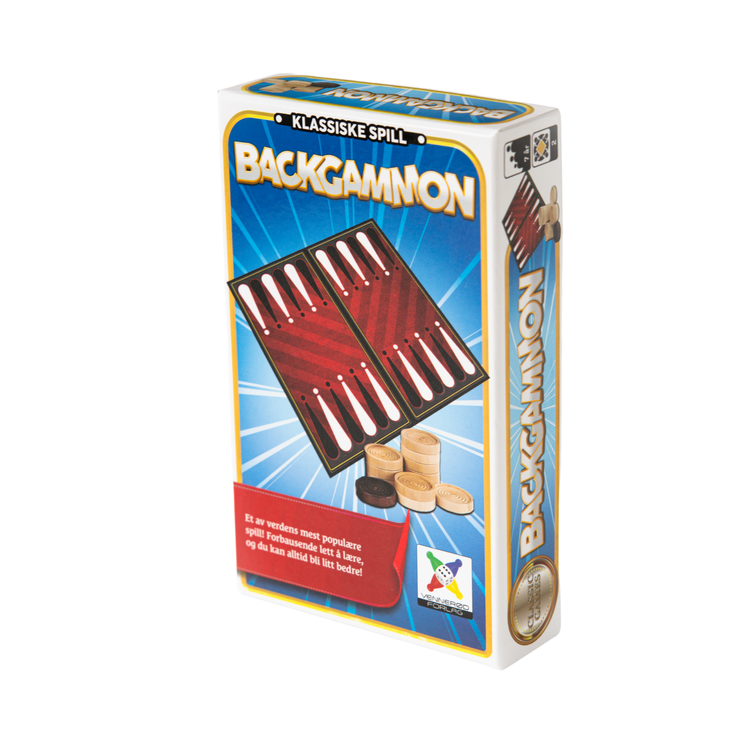 Reisespill backgammon blå eske med motiv av spillbrett og brikker