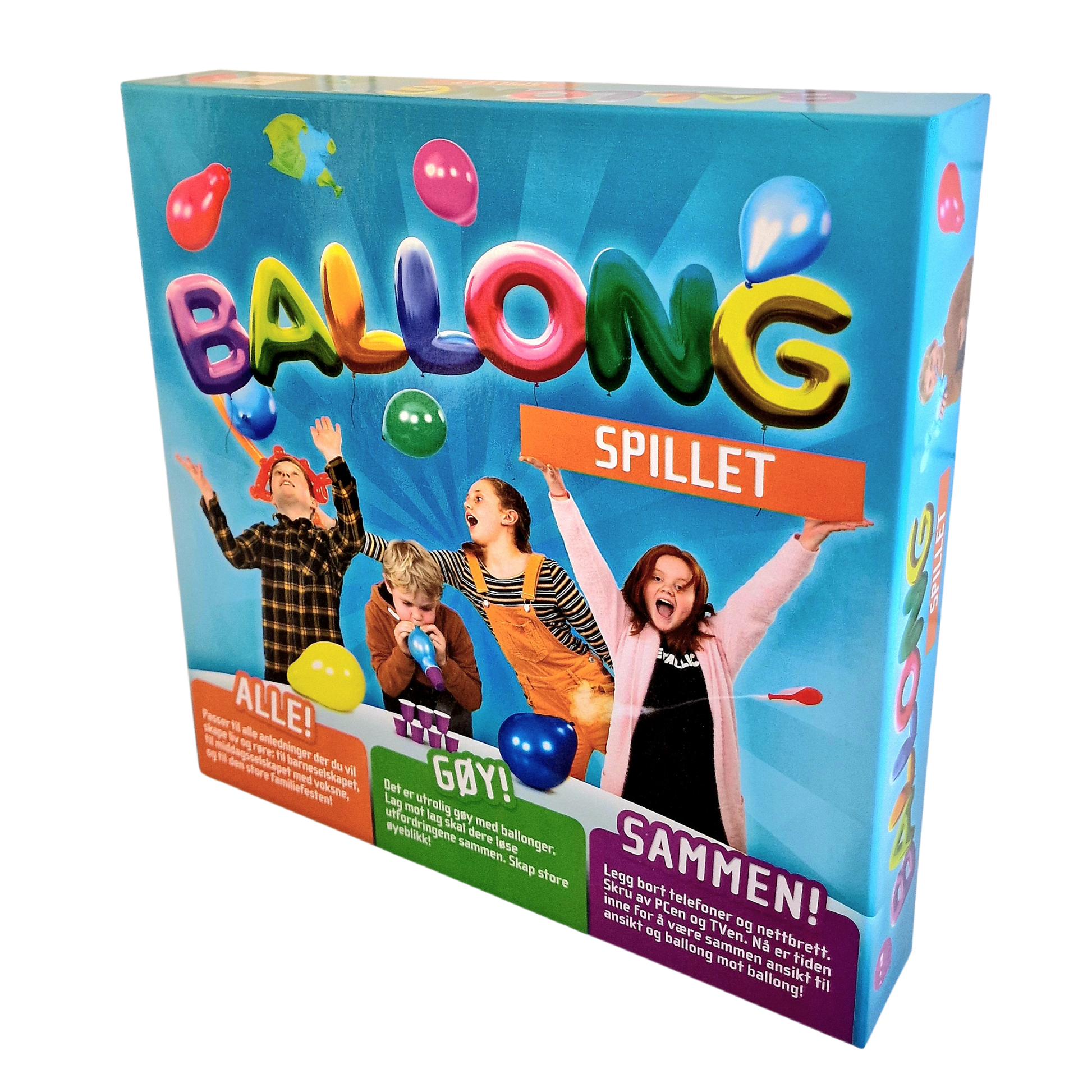 Ballongspillet blå eske med motiv av glade barn som blåser opp og leker med ballonger