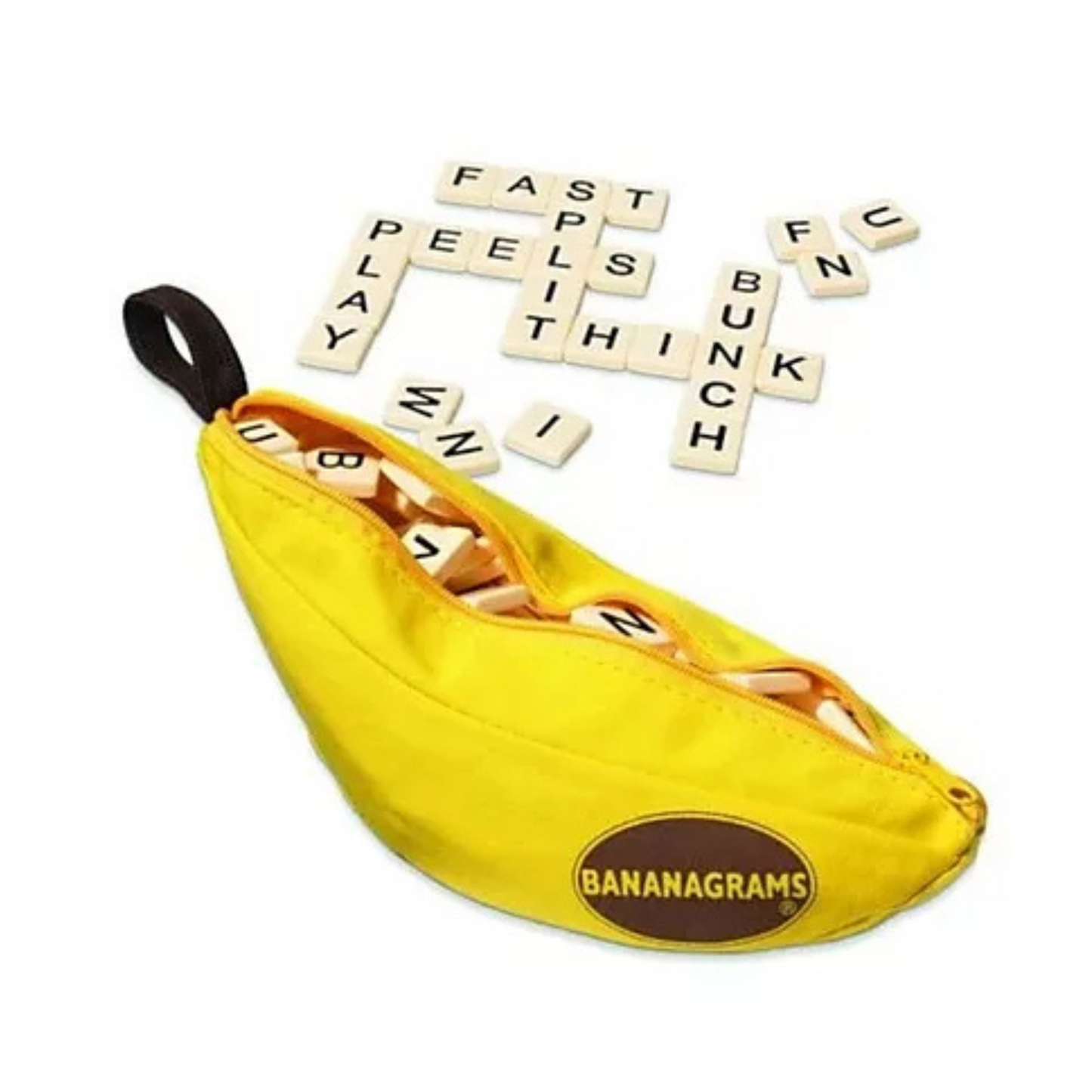 Bananagrams brettspill i bananformet pouch, perfekt som puslespill for familie