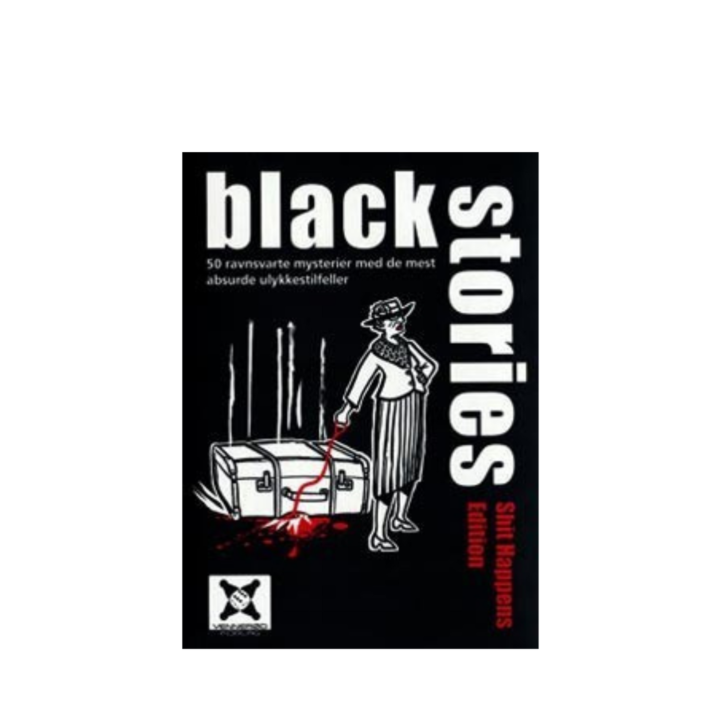 Blackstories spillkort eske svart med motiv av kvinne og fallende koffert