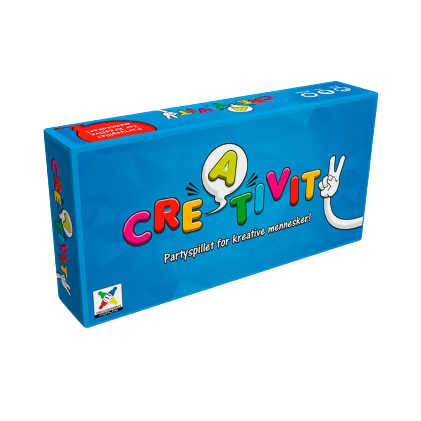 Creativity blå spilleske med motiv av fargerike bokstaver der A-en er i snakkeboble