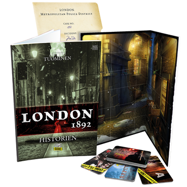 Crime Scene London 1892 detektivspill eske med spillebrett, bevis kort og politidokumenter spredt ut