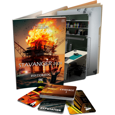 Crime Scene Stavanger 2024 spilleske med detektivkort, bevis og spillmateriell spredt ut