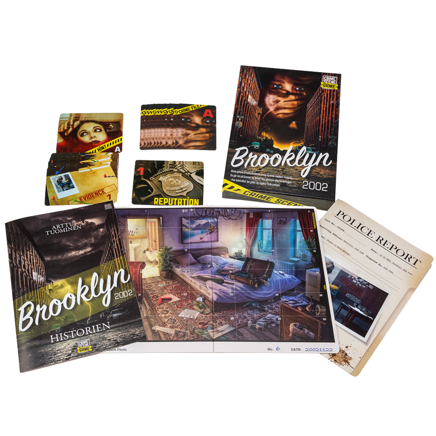 Crime Scene Brooklyn 2002 detektivspill med spillebrett, beviskort, politirapporter og detektivmateriell spredt ut
