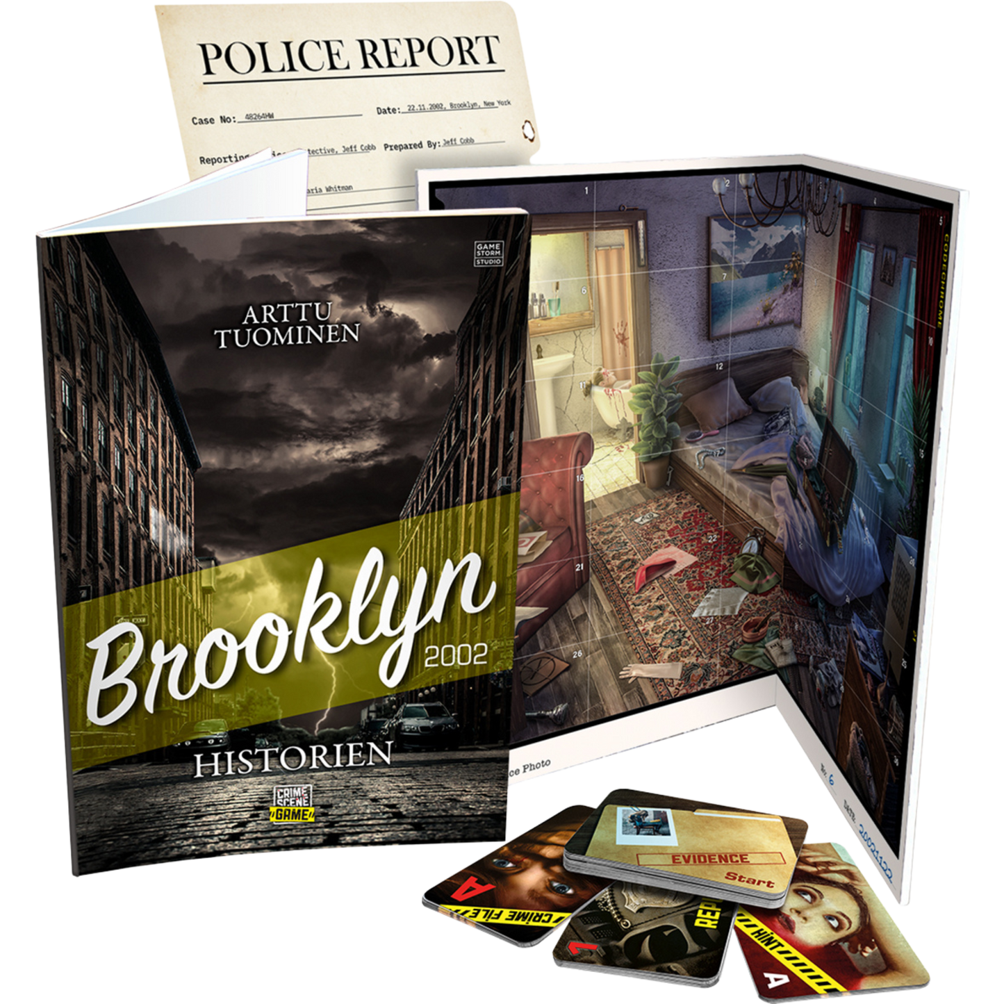 Crime Scene Brooklyn 2002 detektivspill med spillebrett, beviskort, politirapporter og detektivmateriell spredt ut