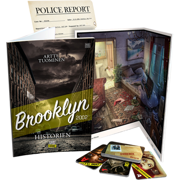 Crime Scene Brooklyn 2002 detektivspill med spillebrett, beviskort, politirapporter og detektivmateriell spredt ut