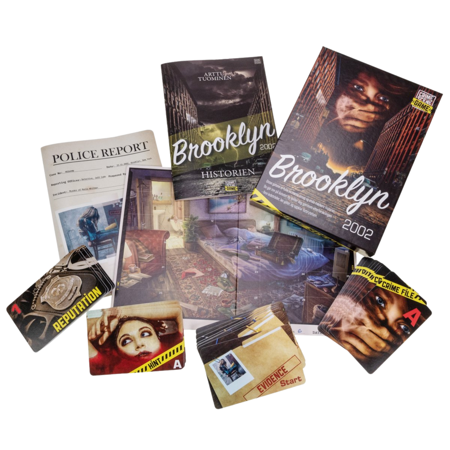 Crime Scene Brooklyn 2002 detektivspill med spillebrett, beviskort, politirapporter og detektivmateriell spredt ut