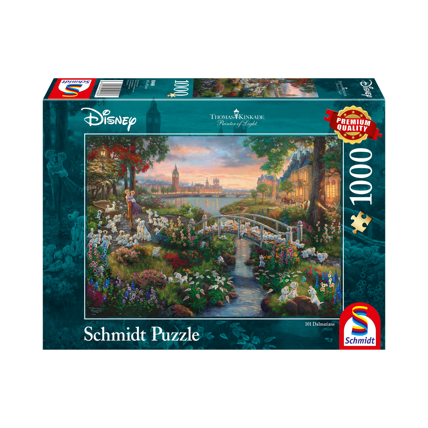 Schmidt puslespill med Disney-motiv av 101 dalmatinere på vei over en bro mellom to blomsterfulle enger