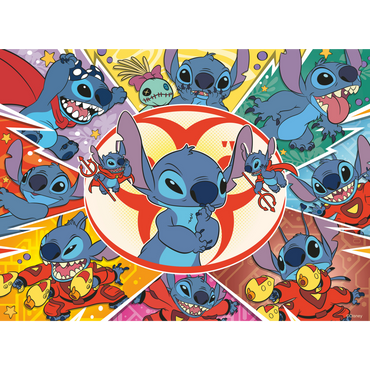 Stitch karakterer illustrasjon med blå aliens i fargerik collage og sirkel design