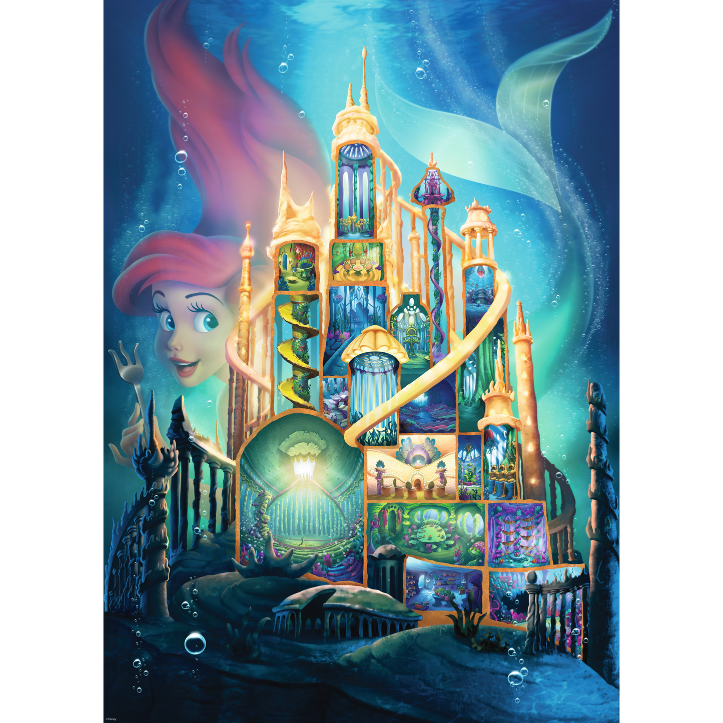 Disney Ariel slott puslespill motiv - detaljert bilde av det ferdige 1000 brikkers puslespillet med undervannslott