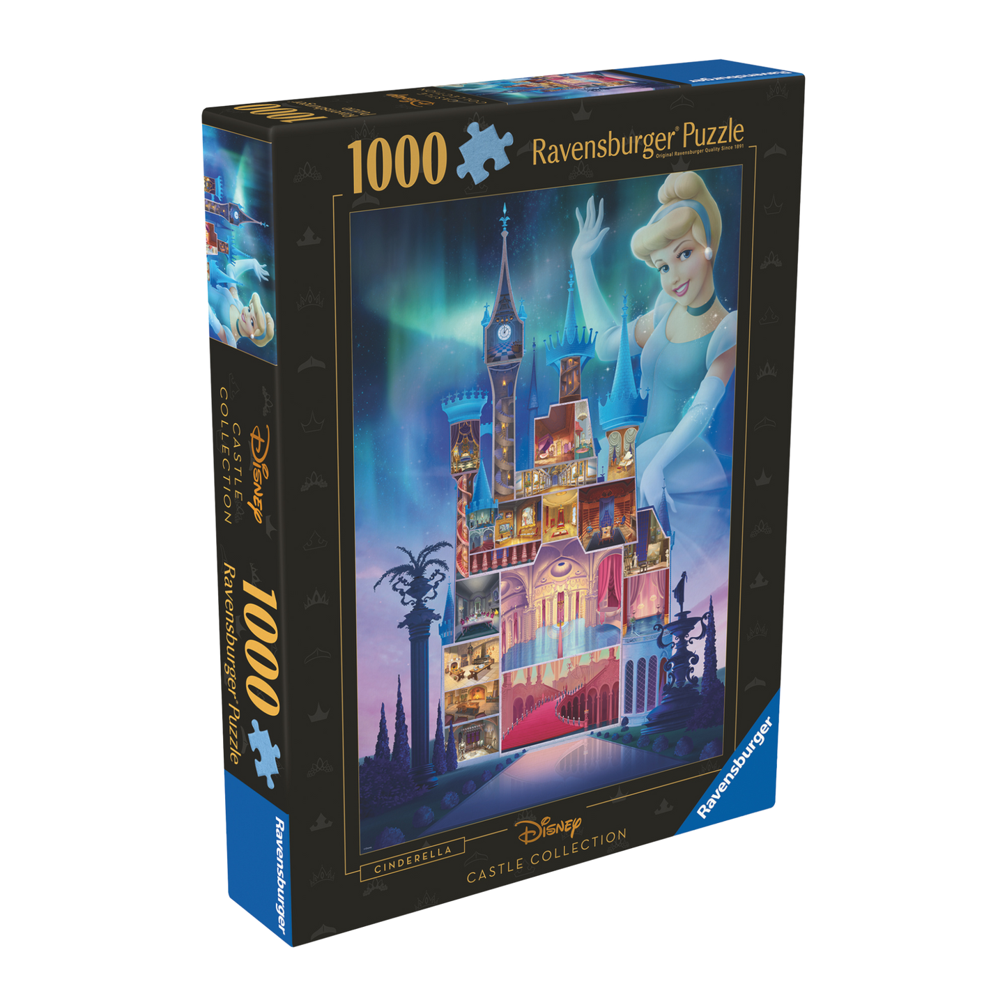 Disney Askepott puslespill eske - viser komplett 1000 brikkers puslespill med slott-tverrsnitt motiv