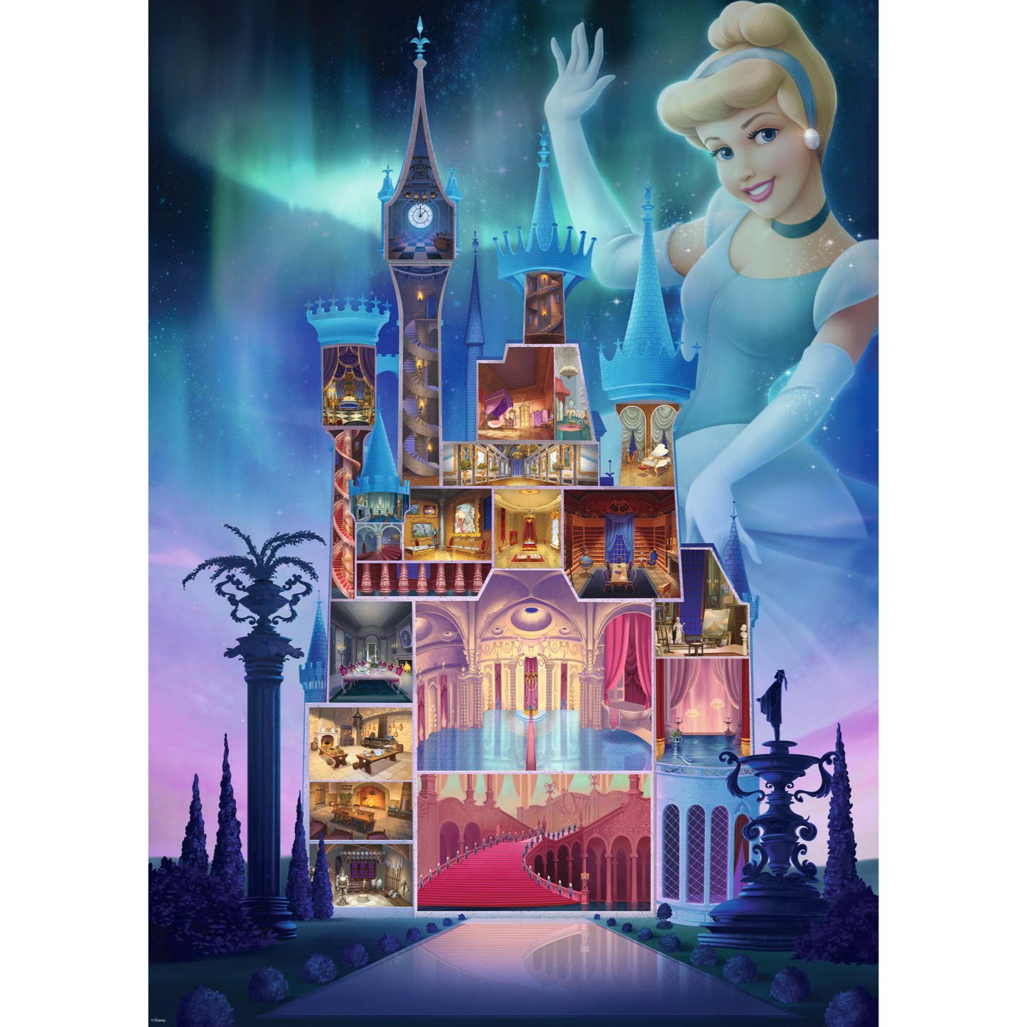 Disney Askepott slott puslespill motiv - detaljert tverrsnitt av slottet med mange rom, Askepott i blå ballkjole i forgrunnen, søyler og arkitektoniske detaljer i gylne, blå og lilla toner