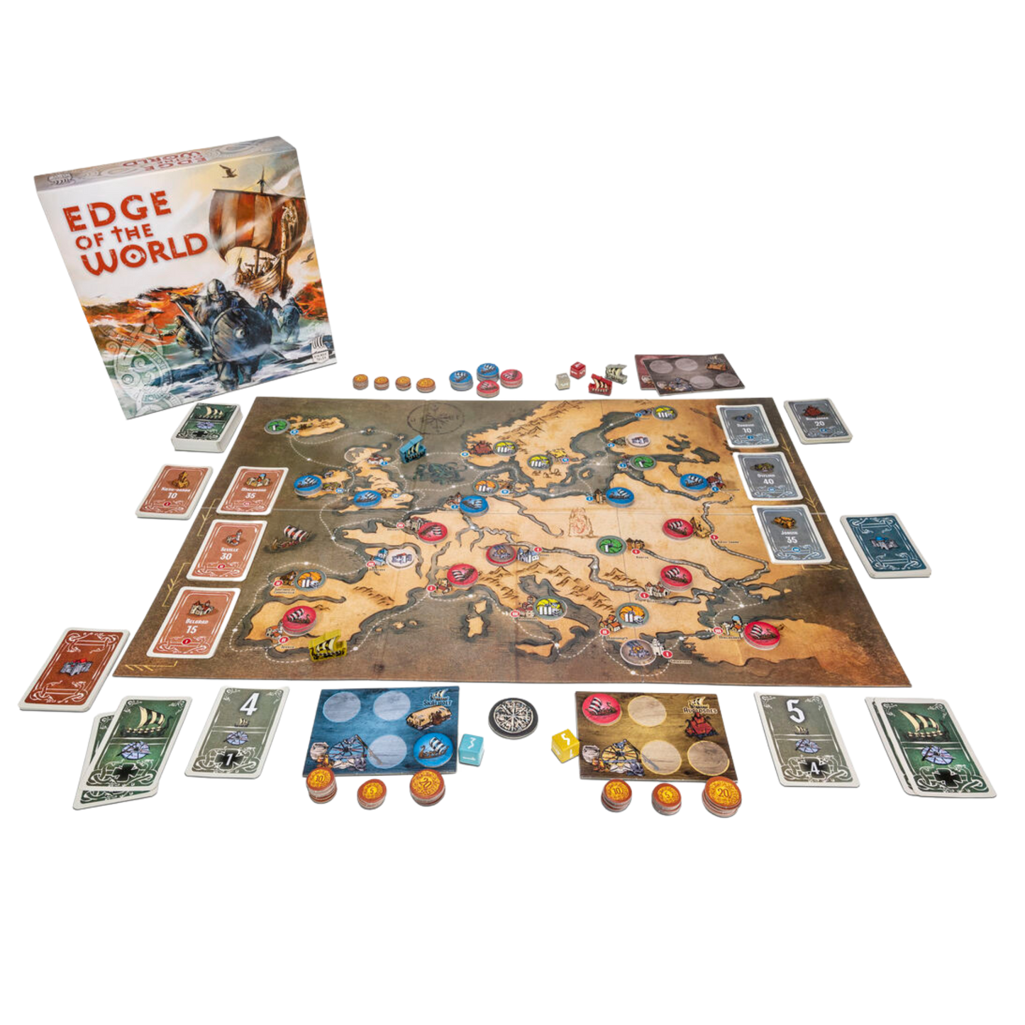 Vikings Tales Edge of the World spilleske med verdenskart, kort, brikker og mynter spredt ut