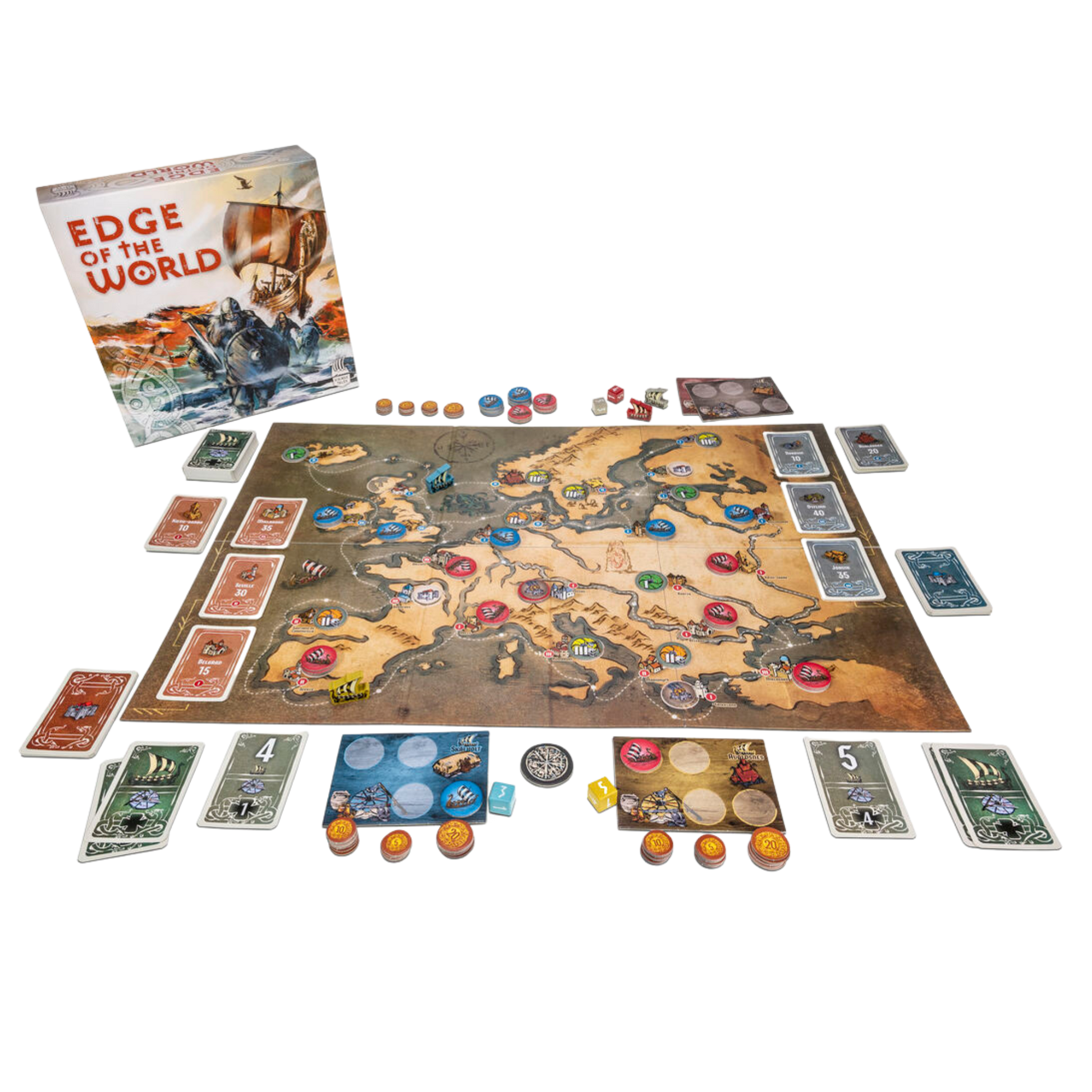 Vikings Tales Edge of the World spilleske med verdenskart, kort, brikker og mynter spredt ut