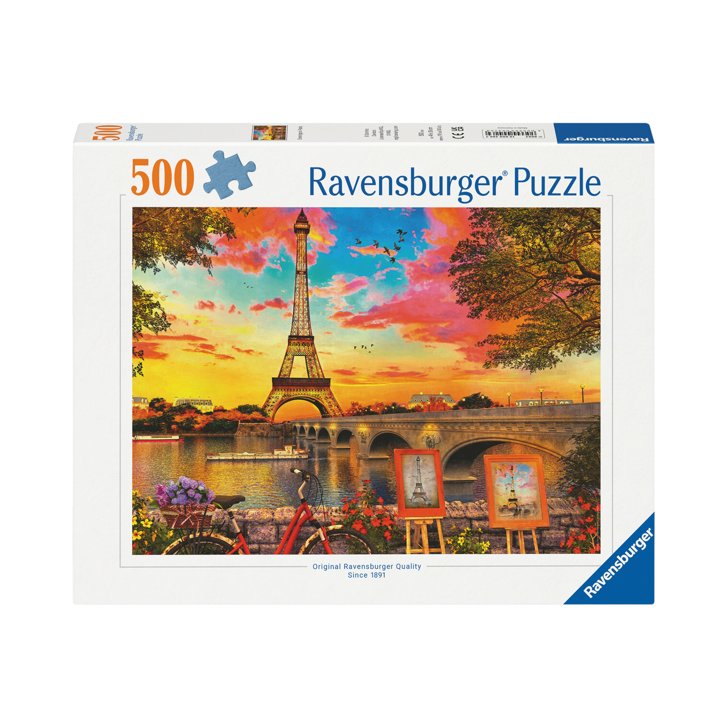 En Kveld i Paris 500 brikker Ravensburger puslespill eske med Eiffeltårnet og solnedgang motiv