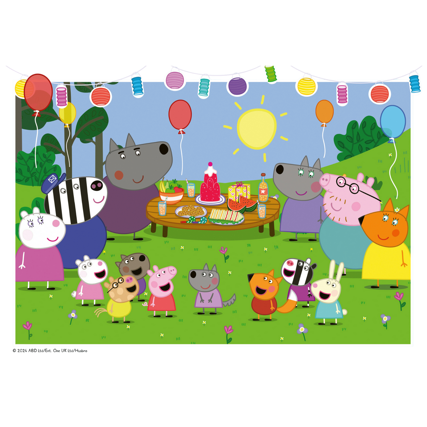 Peppa Gris bursdagsfest illustrasjon med alle karakterene og fargerike ballonger