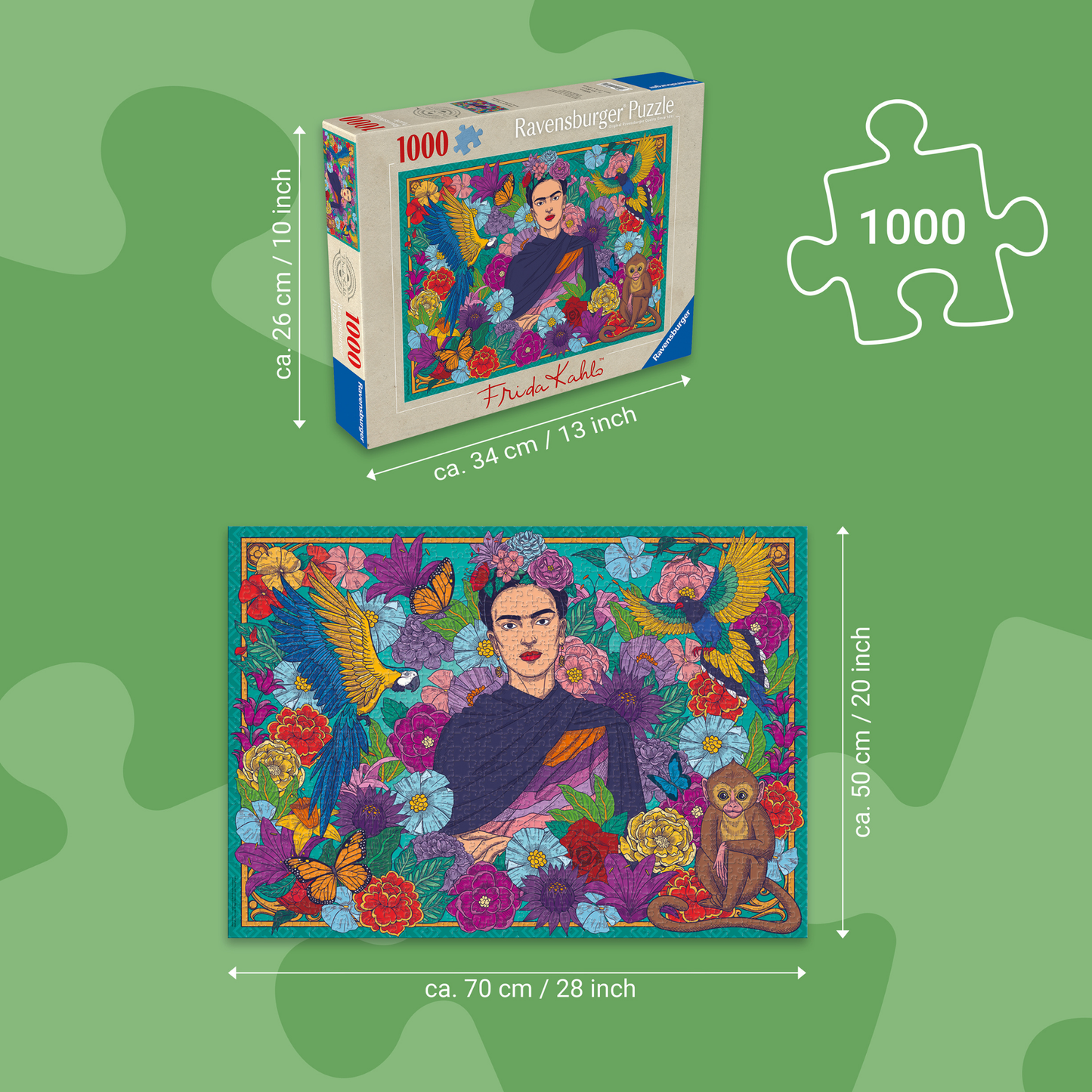 Frida Kahlo puslespill med oversikt over størrelse på eske og ferdig puslespill.