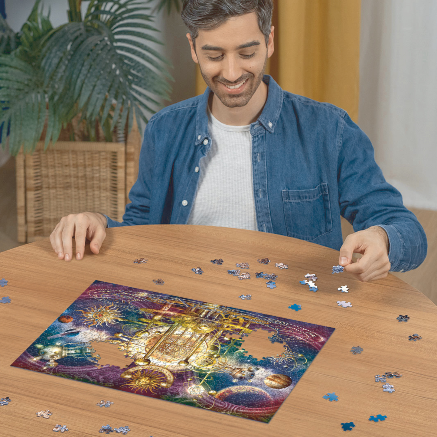 Person pusler Ravensburger puslespill ved trebord med puslespillbrikker spredt rundt