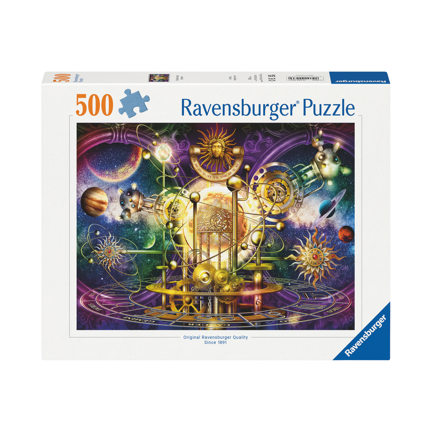 Gyllent Solsystem 500 brikker Ravensburger puslespill eske med gyllen astronomisk maskin motiv