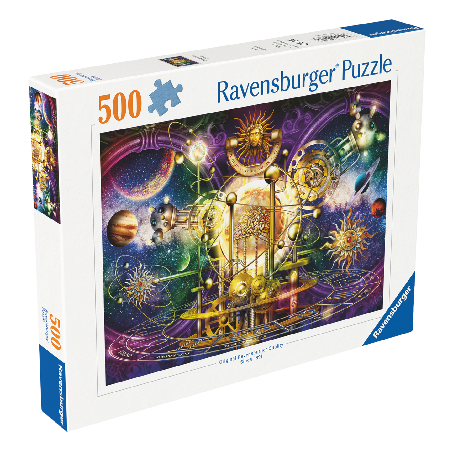 Gyllent Solsystem 500 brikker Ravensburger puslespill eske med gyllen astronomisk maskin motiv