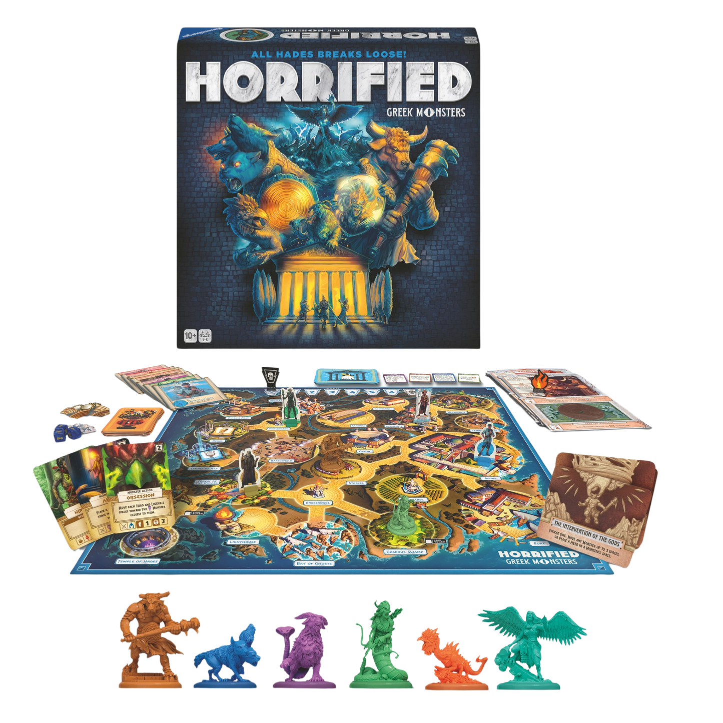 Horrified Greek Monsters spilleske med spillebrett, kort, terninger og fargerike monsterfigurer spredt ut