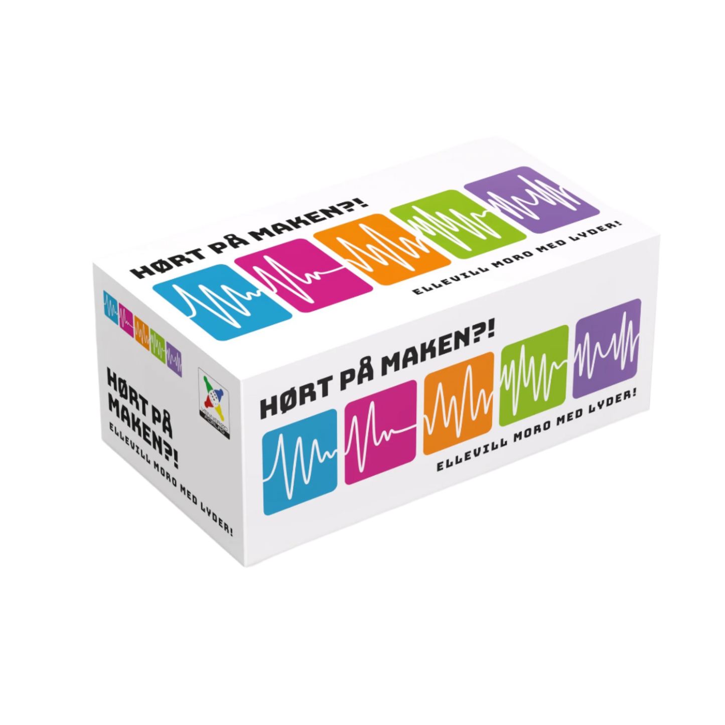 Hørt på maken white box med fargerike lydbølgesymboler for kreative selskapsspill