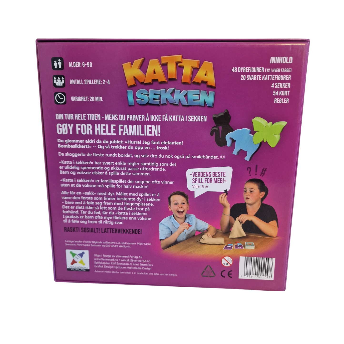 Katta i sekken lilla spilleske bakside med beskrivelse og instruksjoner