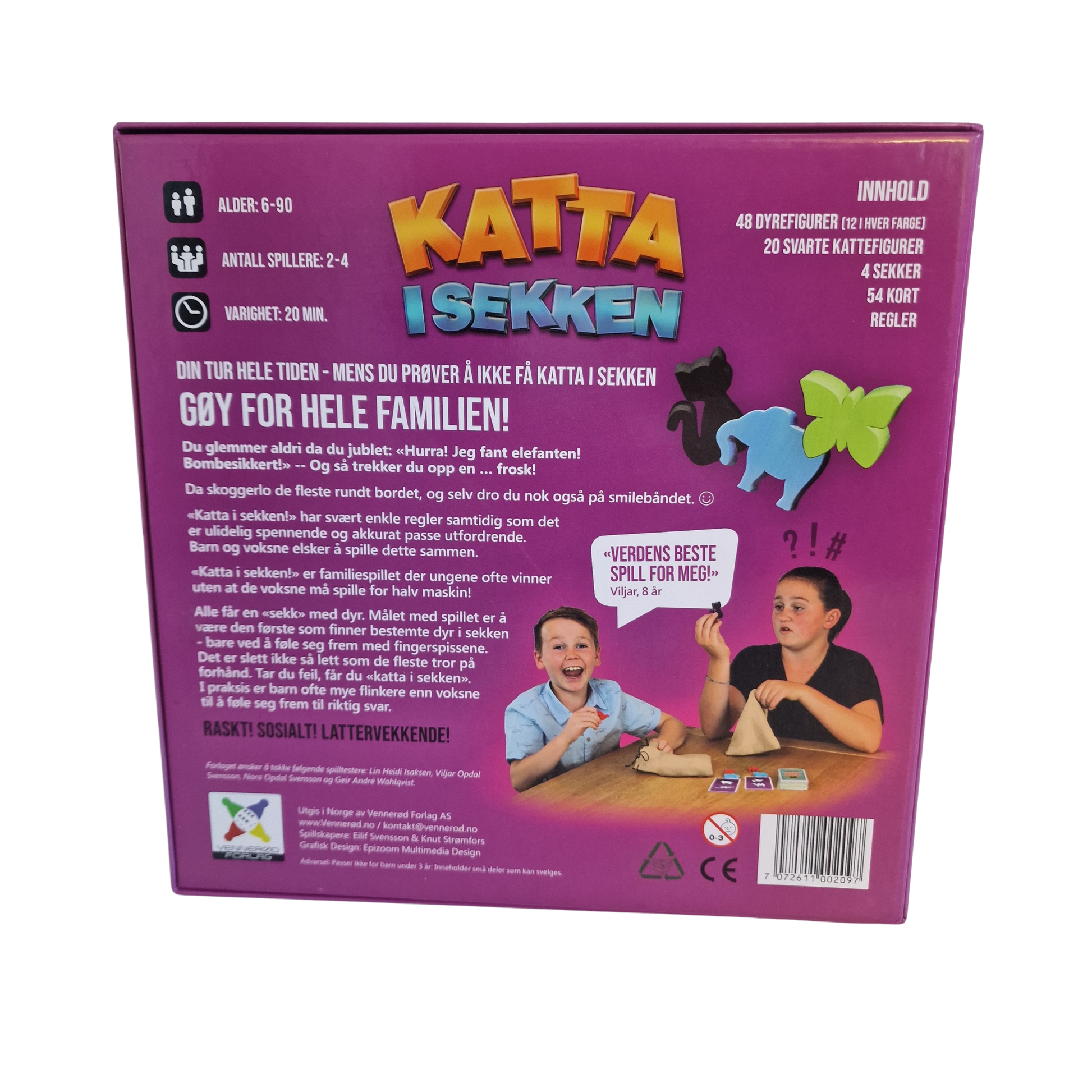 Katta i sekken lilla spilleske bakside med beskrivelse og instruksjoner