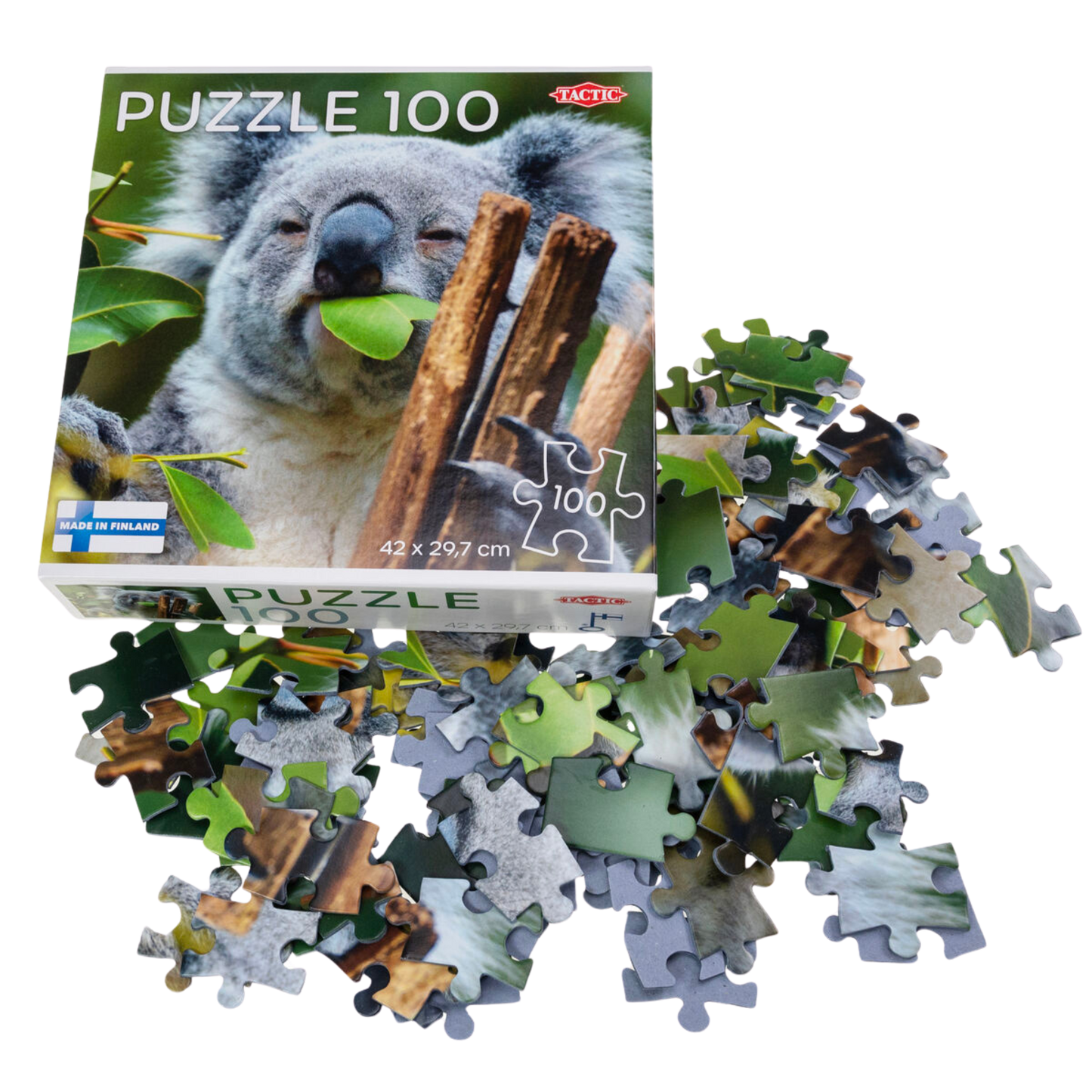 Koala at Lone Pine puslespill eske med usorterte puslespillbrikker spredt rundt