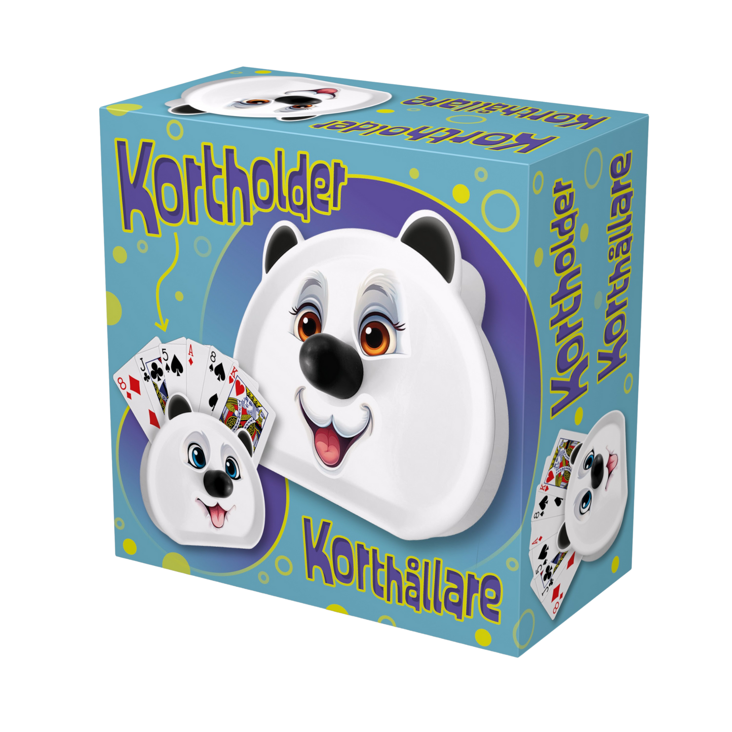 Produkteske viser praktisk kortholder med isbjørn-motiv for barn som spiller kortspill eller brettspill med kort.