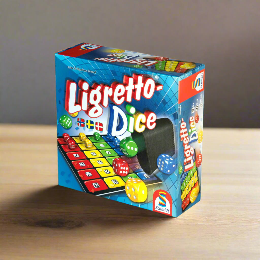 Ligretto dice blå eske med fargerikt motiv av spillbrett og terninger