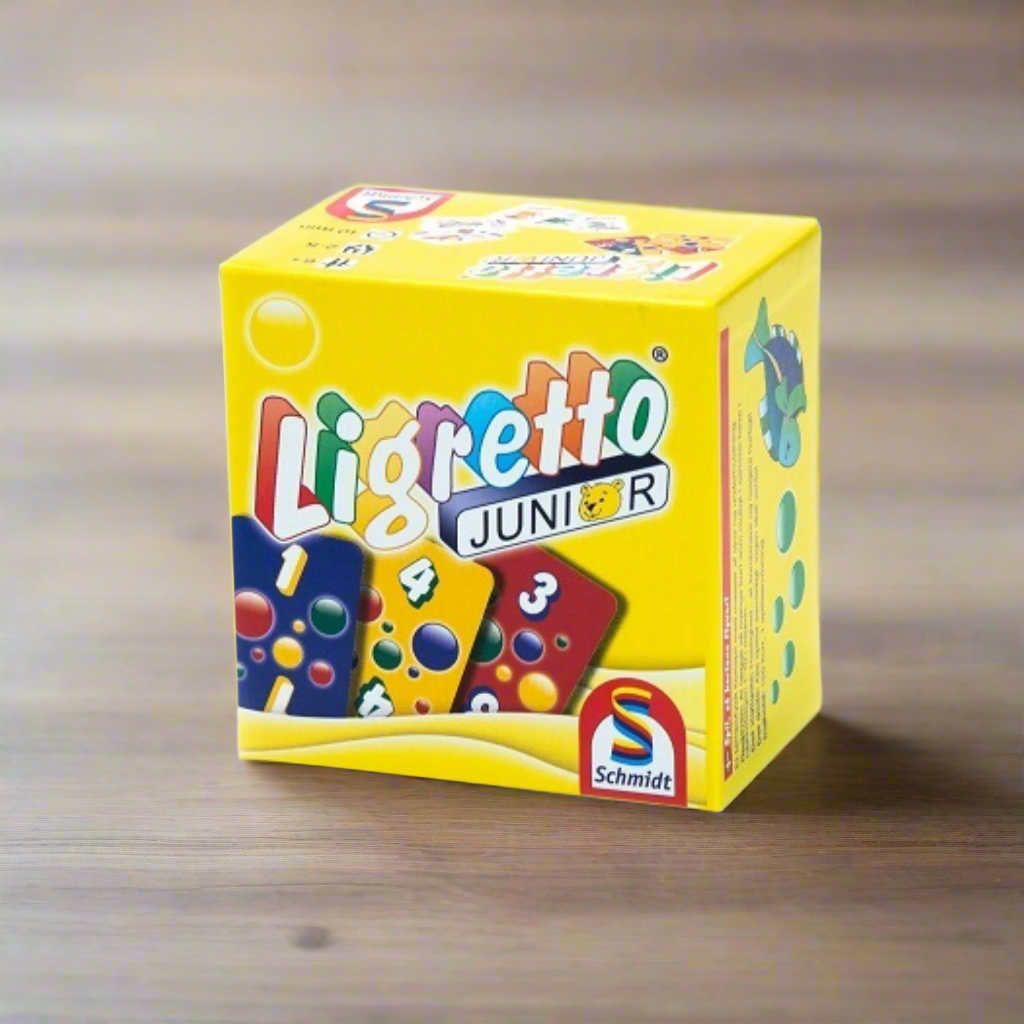 Ligretto junior kortspill eske gul med motiv av blå, gule og røde kort