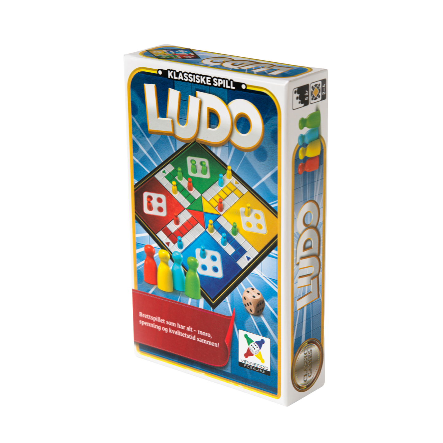 Ludo reisespill blå eske med motiv av spillebrettet og brikkene
