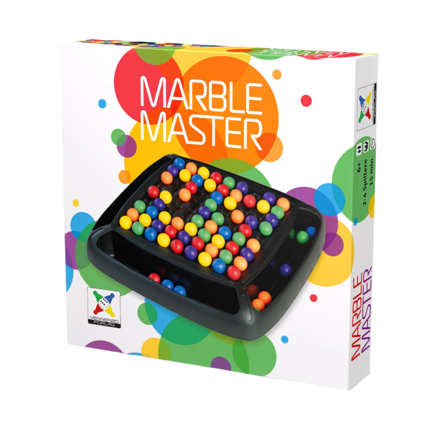 Marble master fingerferdighets-spill eske med fargerike bobler og motiv av spillbrett og kuler