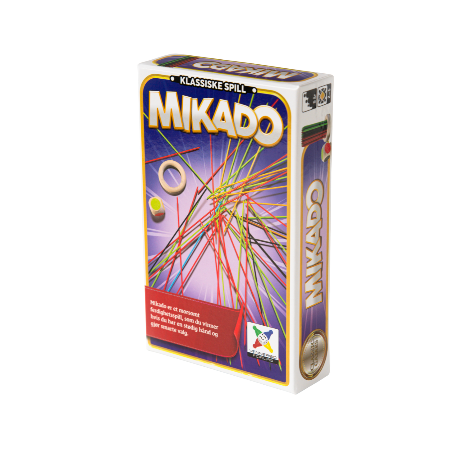 Reisespill Mikado lilla eske med motiv av fargerike pinner, ring og terning