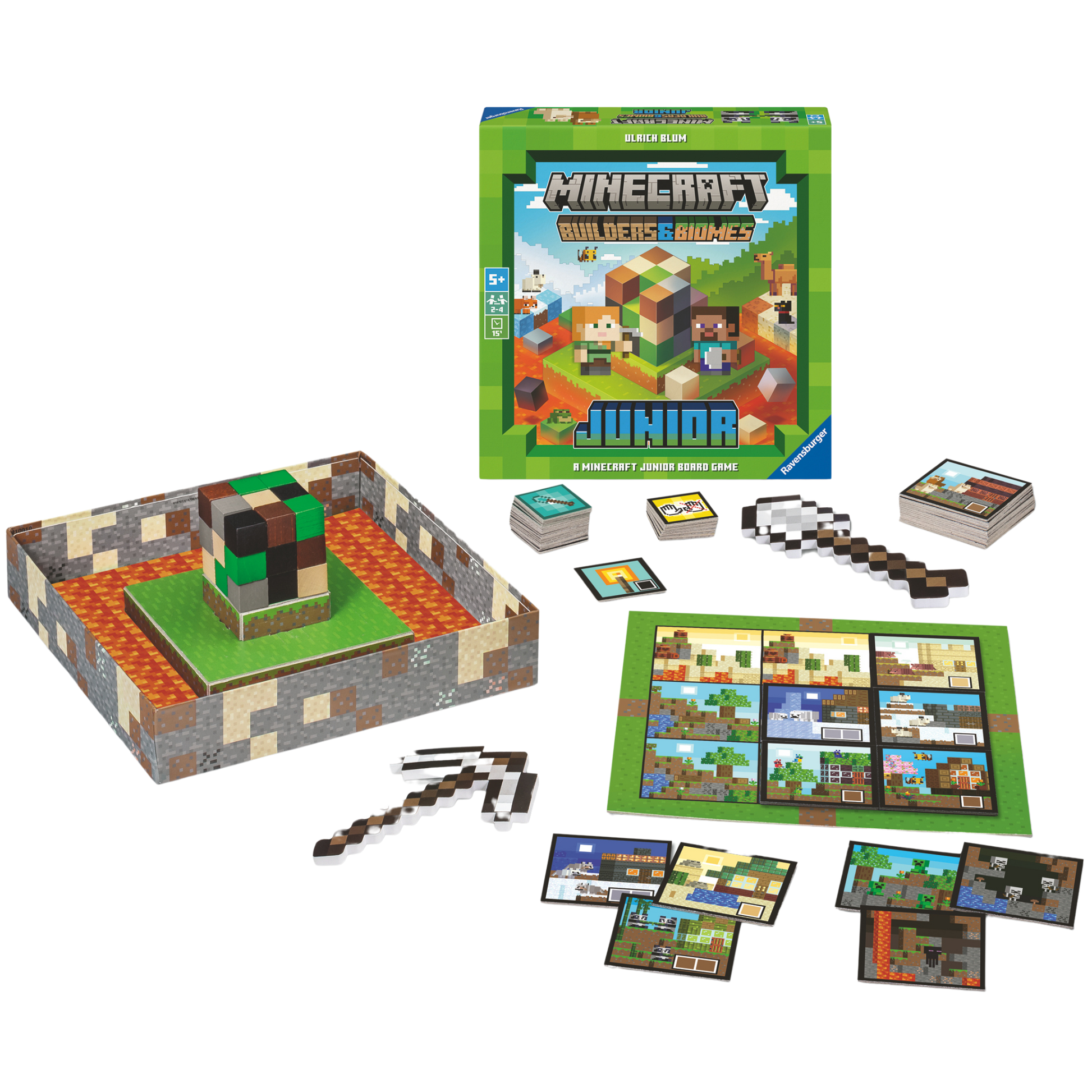 Minecraft Junior spilleske med 3D spillebrett, kort, blokker og Minecraft figurer spredt ut
